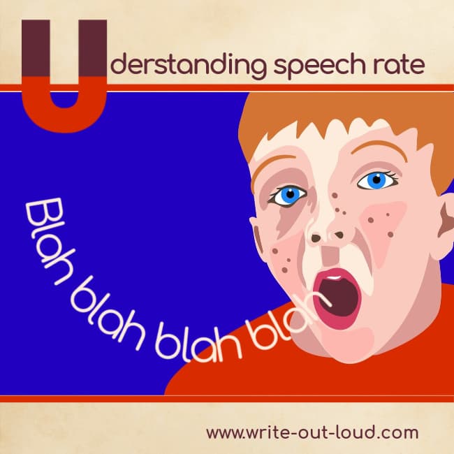 Image: boy with wide open mouth and the words blah, blah, blah floating upwards from it. Text: Understanding rate of speech