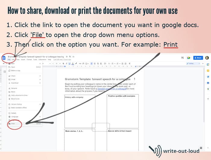 Image: screen shot of google doc. Text: instructions on how to copy, share, email, download or print the doc.