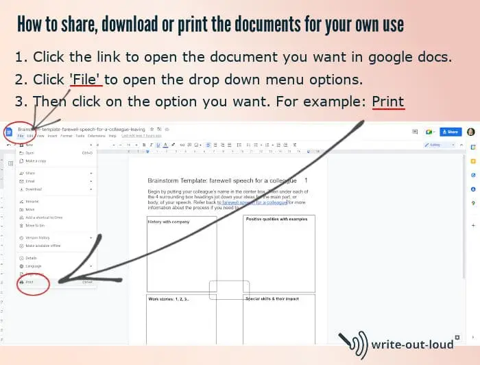 Instructions on how to copy, share, email, download or print a google doc. How to use google docs