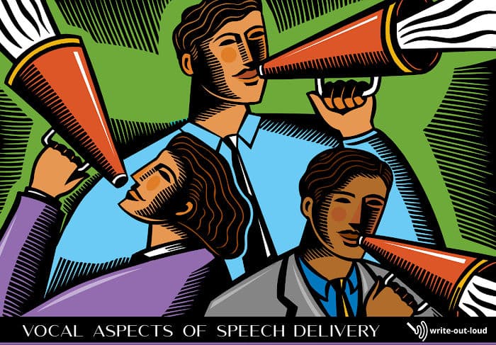 Image: retro drawing of 4 people with megaphones. Text: Vocal aspects of speech delivery