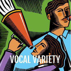 Woman speaking into an old-fashioned speaking trumpet. Text overlay: vocal variety
