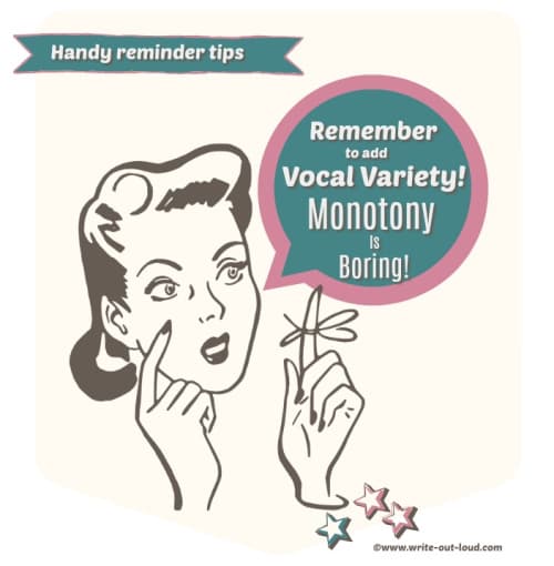 Image: retro woman with "reminder" string tied around her finger. Text: Remember to add vocal variety. Monotony is boring.
