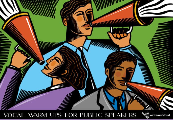Image: Graphic of 3 speakers with megaphones. Text: Vocal warm ups for public speakers.
