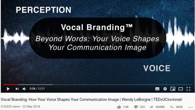Image: Screen shot of opening slide of TedxTalk by Dr Wendy LeBorgne on Vocal Branding