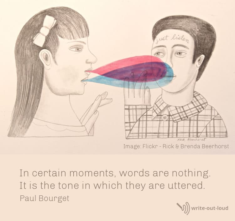 Image: Drawing - young girl talking to a young man. Two speech balloons  come out of her mouth - one pink, one blue. 'Just listen' is on the forehead of man.