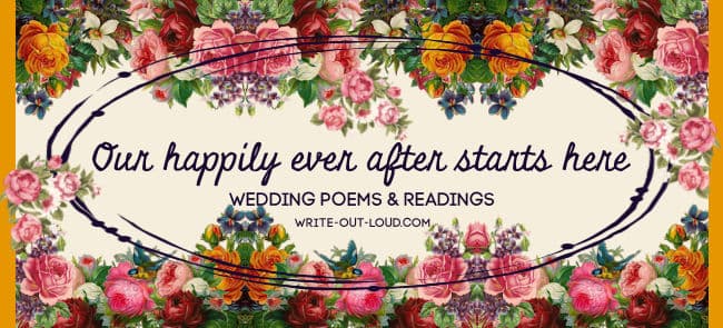 Image: banner framed by old-fashioned roses. Text: Our happily ever after begins here. Wedding poems and readings.
