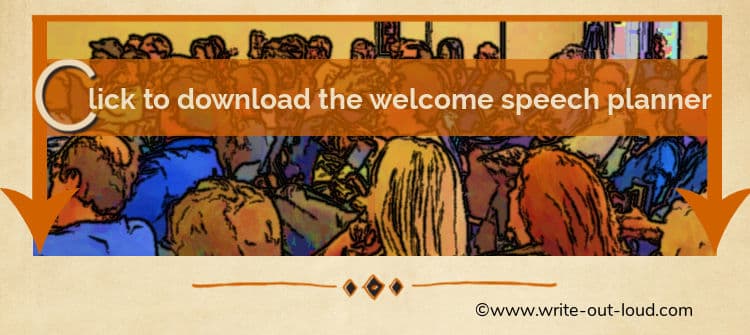 Illustration of an audience listening intently with text overlay saying: Click to download a welcome speech planner