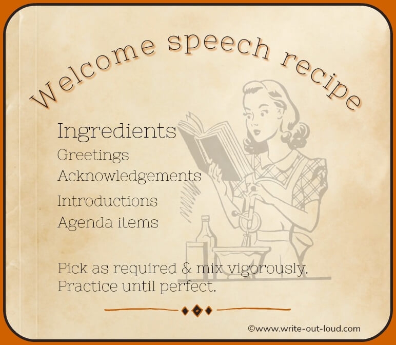 Welcome speech recipe. Graphic: retro woman reading recipe book.