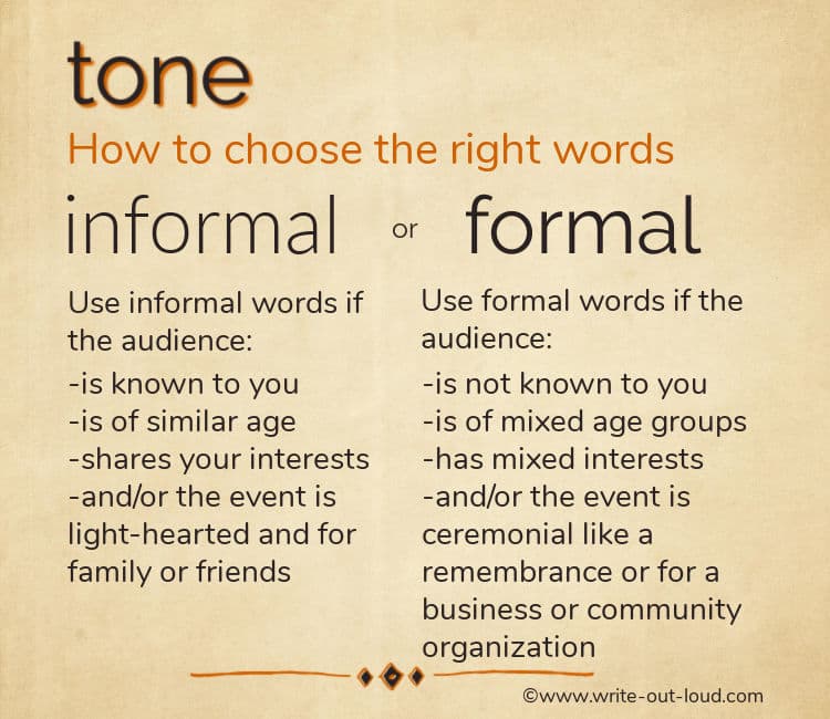 Infographic illustrating the principal differences between formal and informal language to create tone