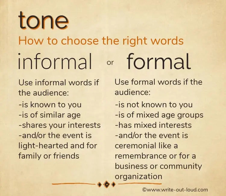 Infographic illustrating the principal differences between formal and informal language to create tone Infographic illustrating the principal differences between formal and informal language to create tone
