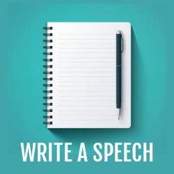 Open notebook on a white blank page with a pen. Text overlay: write a speech