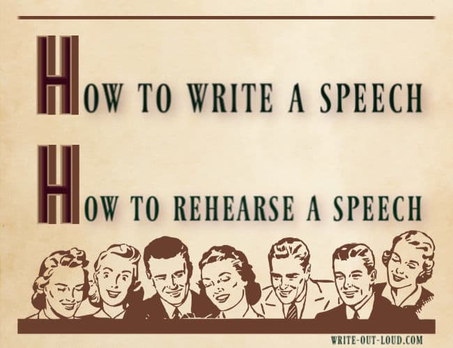 Graphic: retro drawing of a row of male and female faces. Text: How to write a speech, How to to rehearse a speech
