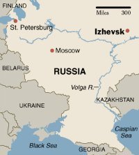 Map of Russia showing Izhevsk
